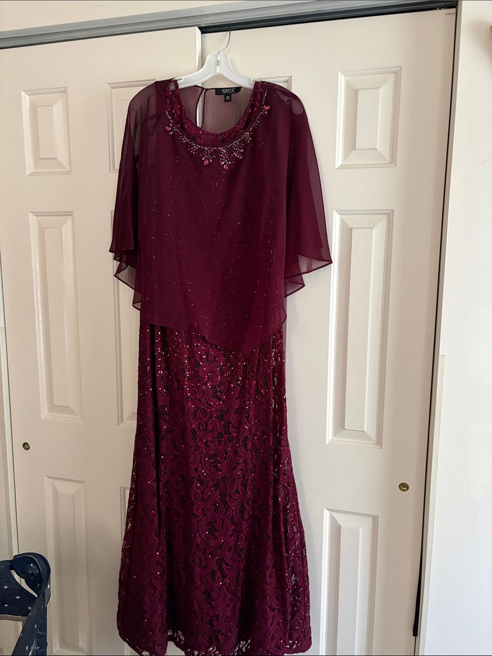 Embellished Burgundy Maxi Dress with Chiffon Capelet